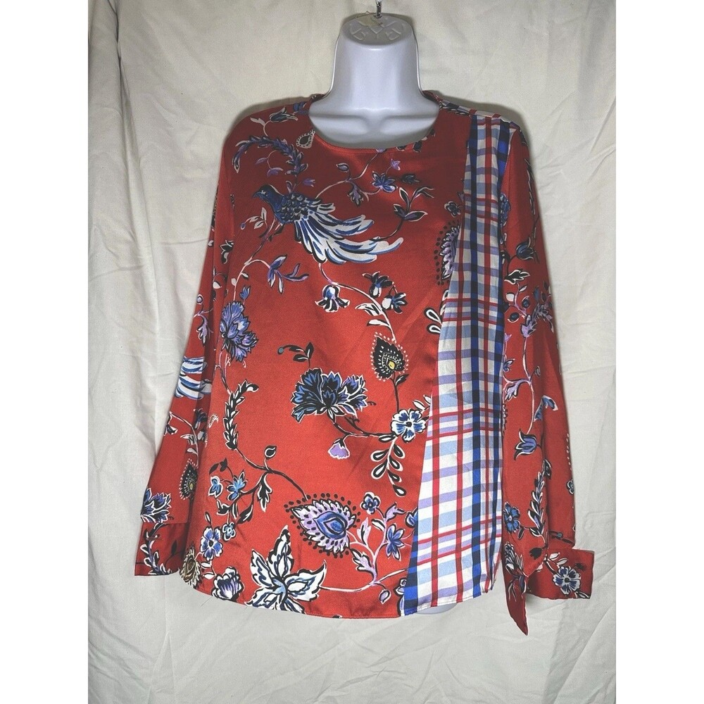 Zara Woman Mixed Print Bird Floral & Plaid Satin Blouse - Size XL